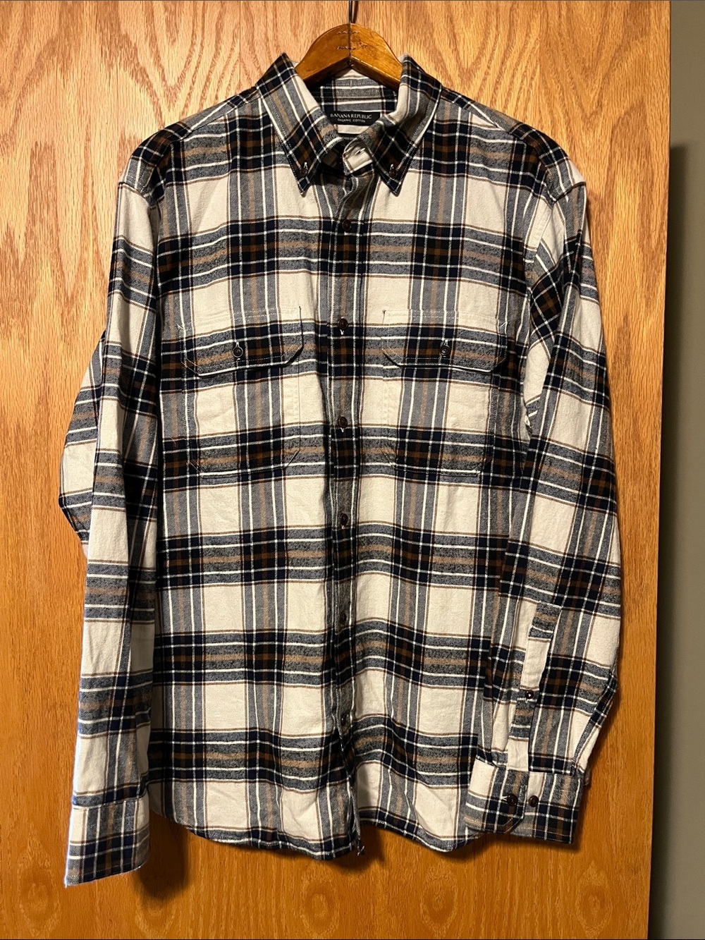 Banana Republic Plaid Button-Down Shirt in White, Black & Brown